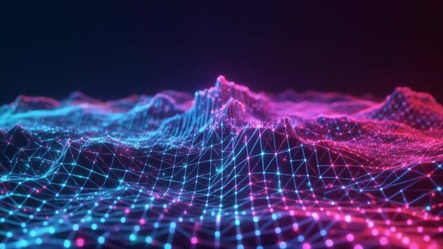 Digital Mountain Range with Blue and Pink Interconnected Wireframe Landscape abstract artificial intelligence