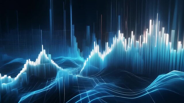 Futuristic Blue Digital Data Landscape with Glowing Bars and Wavy Lines abstract analytics