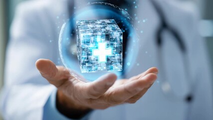 Doctor holds a glowing medical services block cube showcasing innovative health solutions in a modern clinical setting