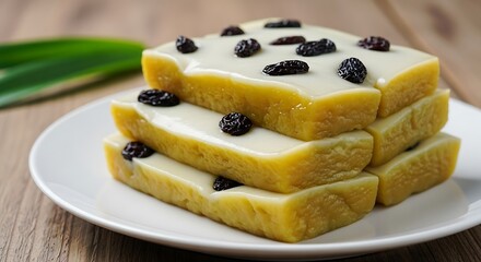 Delicious homemade sweet dessert with yellow base, white glaze, and dark raisins stacked on a plate