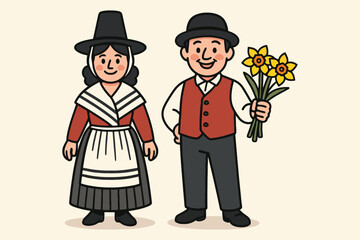 Couple in traditional welsh national costume holding a bunch of daffodils