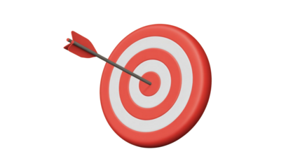 Perfect shot: 3D illustration of an arrow hitting the bullseye on a red and white target, symbolizing success and accuracy. background removed