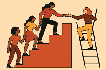 Diverse group of women helping each other climb stairs and ladder towards success and teamwork