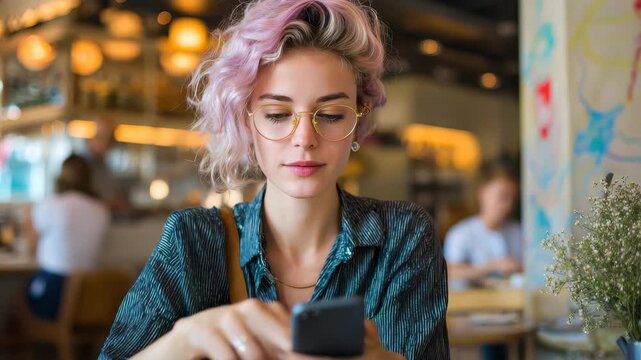 Freelancer engages with smartphone in a cozy cafe during morning hours while enjoying a casual work environment