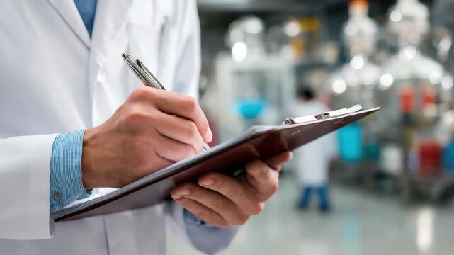 Person in lab coat writes notes on clipboard in a laboratory setting, focusing on research and analysis work, emphasizing attention to detail and precision in scientific tasks