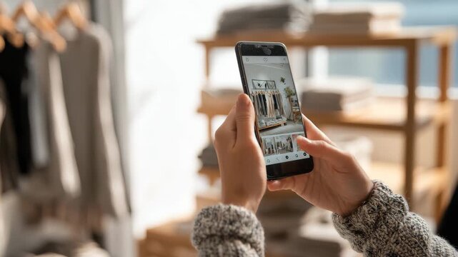 Customer engages in visual search for clothing items in an online retail store during a bright and inviting shopping experience