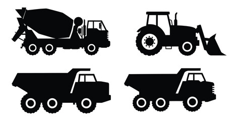 Construction vehicles including cement mixer tractor and dump trucks in black silhouette