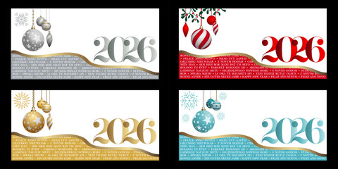 2026 - 4 versions dans plusieurs couleurs d’une carte de vœux avec diverses langues international pour souhaiter le nouvel an - traduction : bonne année. © ID-EasyDoor