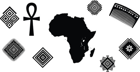 African continent with cultural symbols, heritage design elements, tribal art silhouette, ethnic identity concept, flat vector illustration, black graphic art © MdAzmol