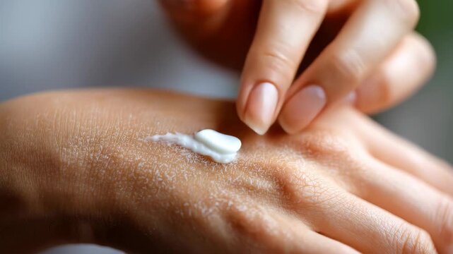 Moisturizing cream application on dry hands in natural light during daytime