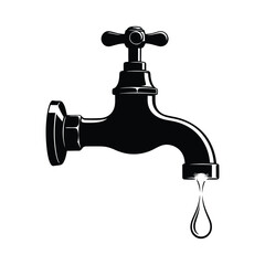 Black and white illustration of a leaky faucet with a single water drop falling down