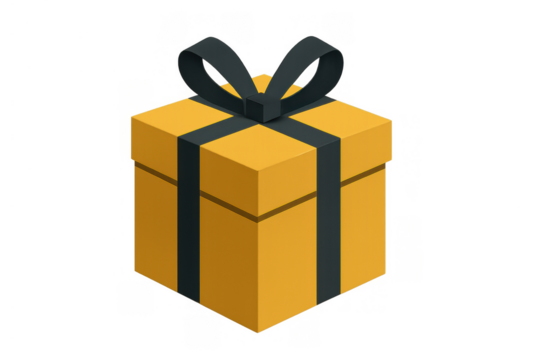 Yellow gift box with black ribbon and bow, celebrating holidays, birthdays, or special occasions, transparent background