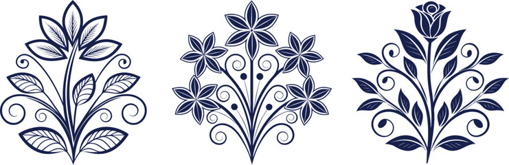 Three dark blue floral ornamental designs with swirling leaves and flowers decorative flourish