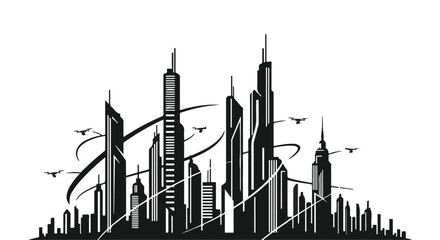 Sleek, modern cityscape with soaring skyscrapers and stylized flying vehicles