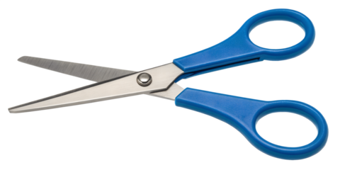 Classic school scissors, blue plastic handles, stainless steel blades, open position, clean outline, transparent background PNG