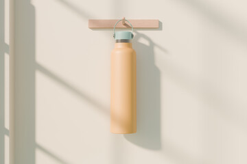 Minimalist beige water bottle hanging on a wooden hook with soft natural light. 3d rendering