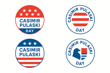 Four circular emblems celebrating casimir pulaski day with american flag motifs and eagle
