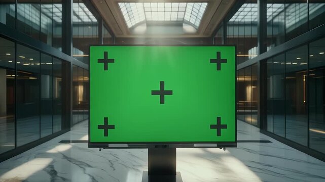 Modern office lobby with chroma key screen for dynamic announcements, perfect for corporate communications and tech presentations with editable content