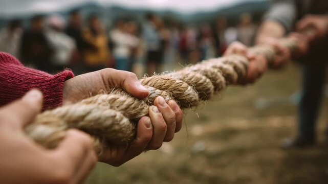 Tug of war competition with participants pulling on a rope at an outdoor event surrounded by a cheering crowd