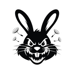 This bold vector illustration features the head of an aggressive rabbit with sharp teeth and an intense expression. Designed in a clean black silhouette style, the artwork conveys power, energy, and a