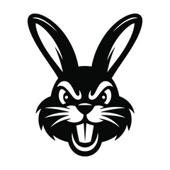 This bold vector illustration features the head of an angry rabbit, designed in a clean black-and-white silhouette style. The expressive facial details and fierce expression make it ideal for use as a