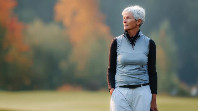 Senior female golfer enjoys a serene moment on a beautiful golf course during autumn with colorful trees in the background