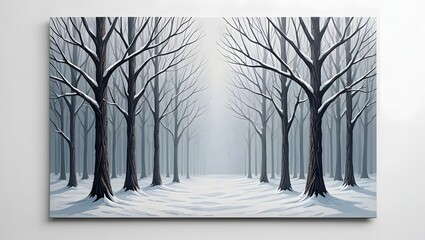 Pixel art of a snowy forest path with tall, bare trees covered in snow, creating a serene winter landscape with a misty background and a sense of depth