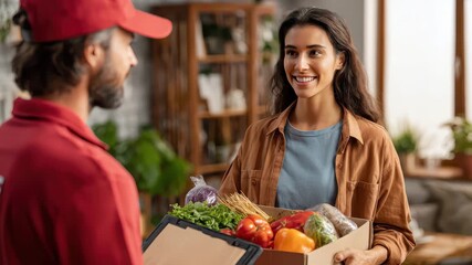 Delivery man brings fresh groceries to a smiling woman at her home in a cozy indoor setting during the daytime