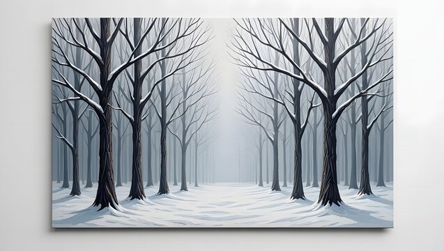 Pixel art of a snowy forest path with tall, bare trees covered in snow, creating a serene winter landscape with a misty background and a sense of depth