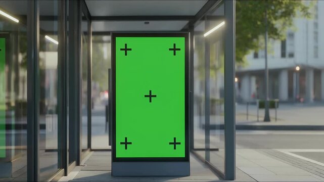 Green screen billboard at bus stop mockup for advertising, urban city environment with street view, perfect for marketing videos and commercial use, interactive green screen