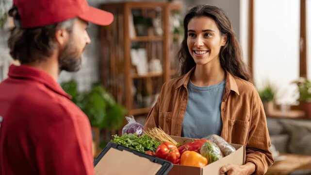 Delivery man brings fresh groceries to a smiling woman at her home in a cozy indoor setting during the daytime