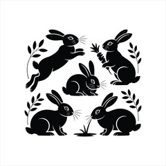 A charming black silhouette illustration set featuring multiple rabbits in various natural poses, including sitting, grazing, jumping, and holding a carrot. Surrounded by decorative leaves and grass e