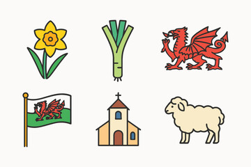 Collection of welsh symbols including daffodil dragon flag church and sheep