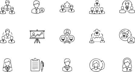 Collection of line art icons representing business organization, teamwork, and human resources on a transparent background