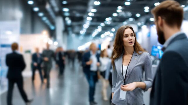Engaging conversation between attendees at a trade show amidst a blurred bustling background filled with exhibitors and visitors in a modern convention center setting