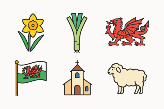 Collection of welsh symbols including daffodil dragon flag church and sheep