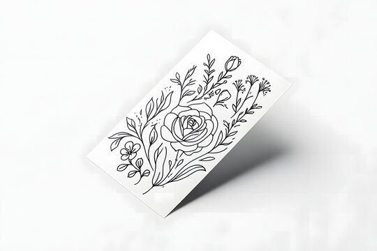 Handdrawn floral illustration featuring a rose surrounded by delicate leaves and small flowers in a minimalist style