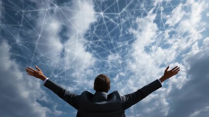 Businessman analyzing digital network connections in a realistic sky landscape on a clear day - Powered by Adobe