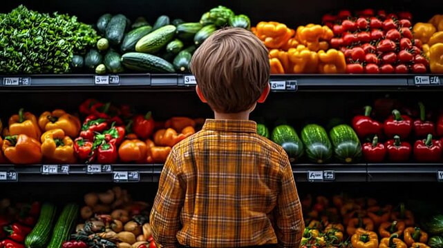 Young Child Looking at Fresh Vegetables on Shelves in Supermarket Produce Aisle