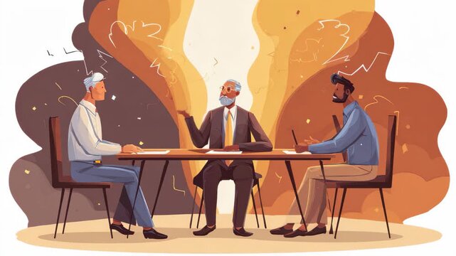 Illustration of conflict mediation with two people discussing while a mediator facilitates conversation at a table surrounded by tension and disagreement