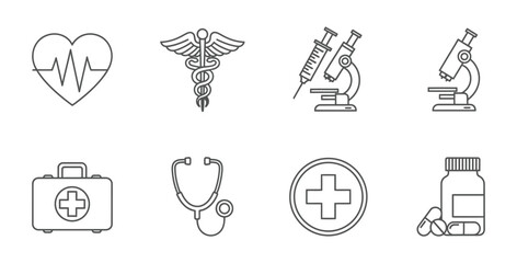 Medical icons showing healthcare equipment and symbols for diagnosis and treatment use