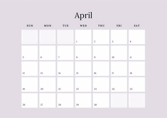 A minimalist April 2026 calendar, ideal for personal planning. Its simple design is a coloured clip art tale, holding signs of wonder for your daily story