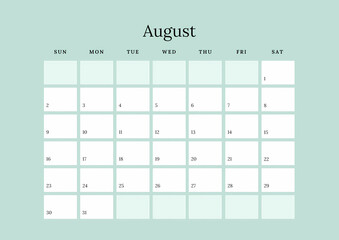 A minimalist August 2026 calendar, ideal for personal planning. Its simple design is a coloured clip art tale, holding signs of wonder for your daily story.