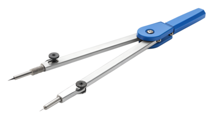 Single compass (geometry tool), metal legs with blue plastic grip, sharp tip visible, isolated PNG on transparent background