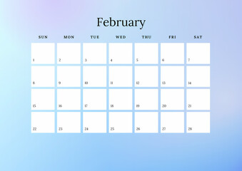A minimalist February 2026 calendar, ideal for personal planning. Its simple design is a coloured clip art tale, holding signs of wonder for your daily story.