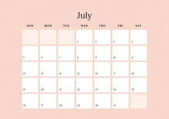 A minimalist July 2026 calendar, ideal for personal planning. Its simple design is a coloured clip art tale, holding signs of wonder for your daily story.