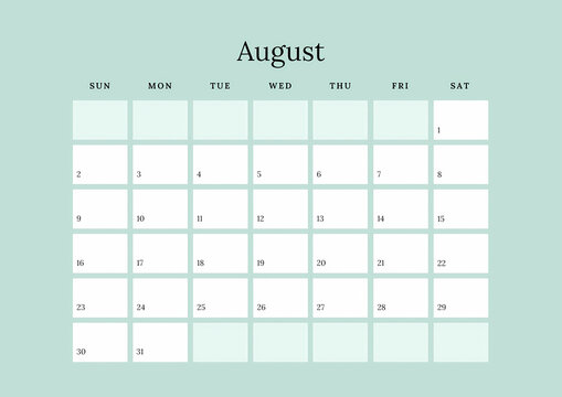 A minimalist August 2026 calendar, ideal for personal planning. Its simple design is a coloured clip art tale, holding signs of wonder for your daily story.