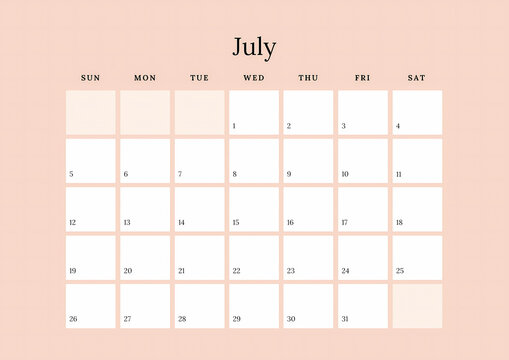 A minimalist July 2026 calendar, ideal for personal planning. Its simple design is a coloured clip art tale, holding signs of wonder for your daily story.