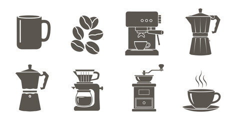 Assortment of coffee brewing equipment and coffee beans displayed on a white background