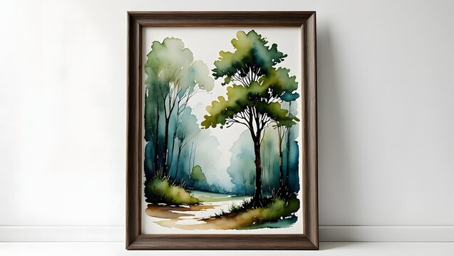 Watercolor painting of a serene forest landscape with lush green trees and a tranquil stream, evoking a sense of peace and natural beauty in a framed artwork